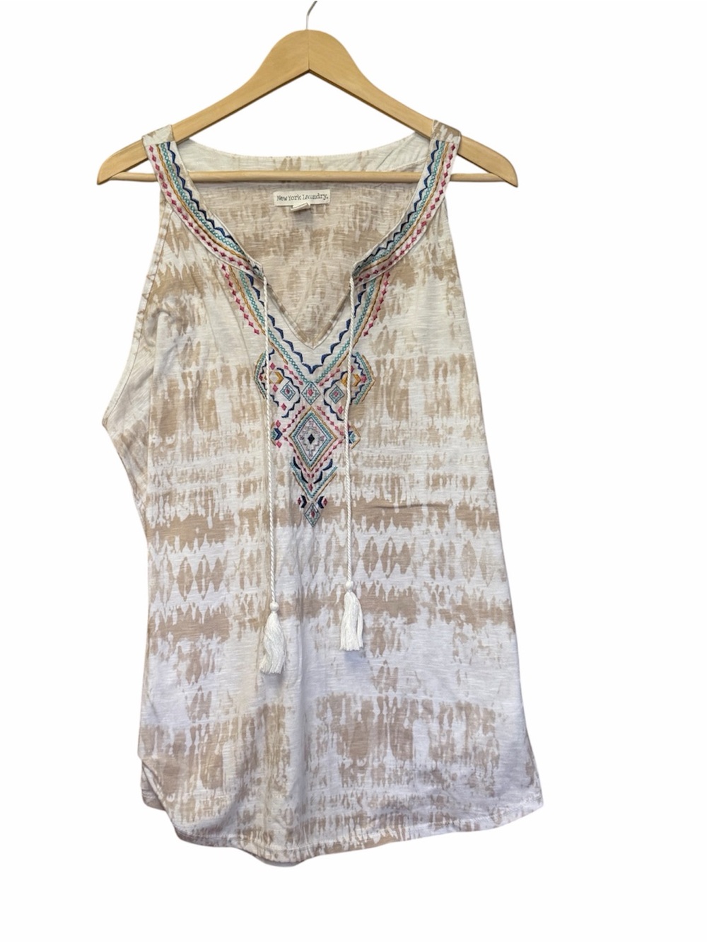 New York Laundry Beige Tie-Front Embroidered Tank